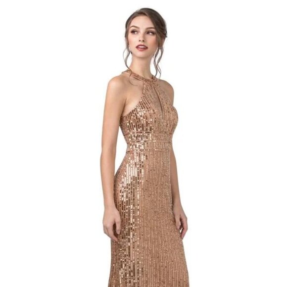 New Sequins Embellished Evening Gown w/ Halter Neck & Front Keyhole TC L2391